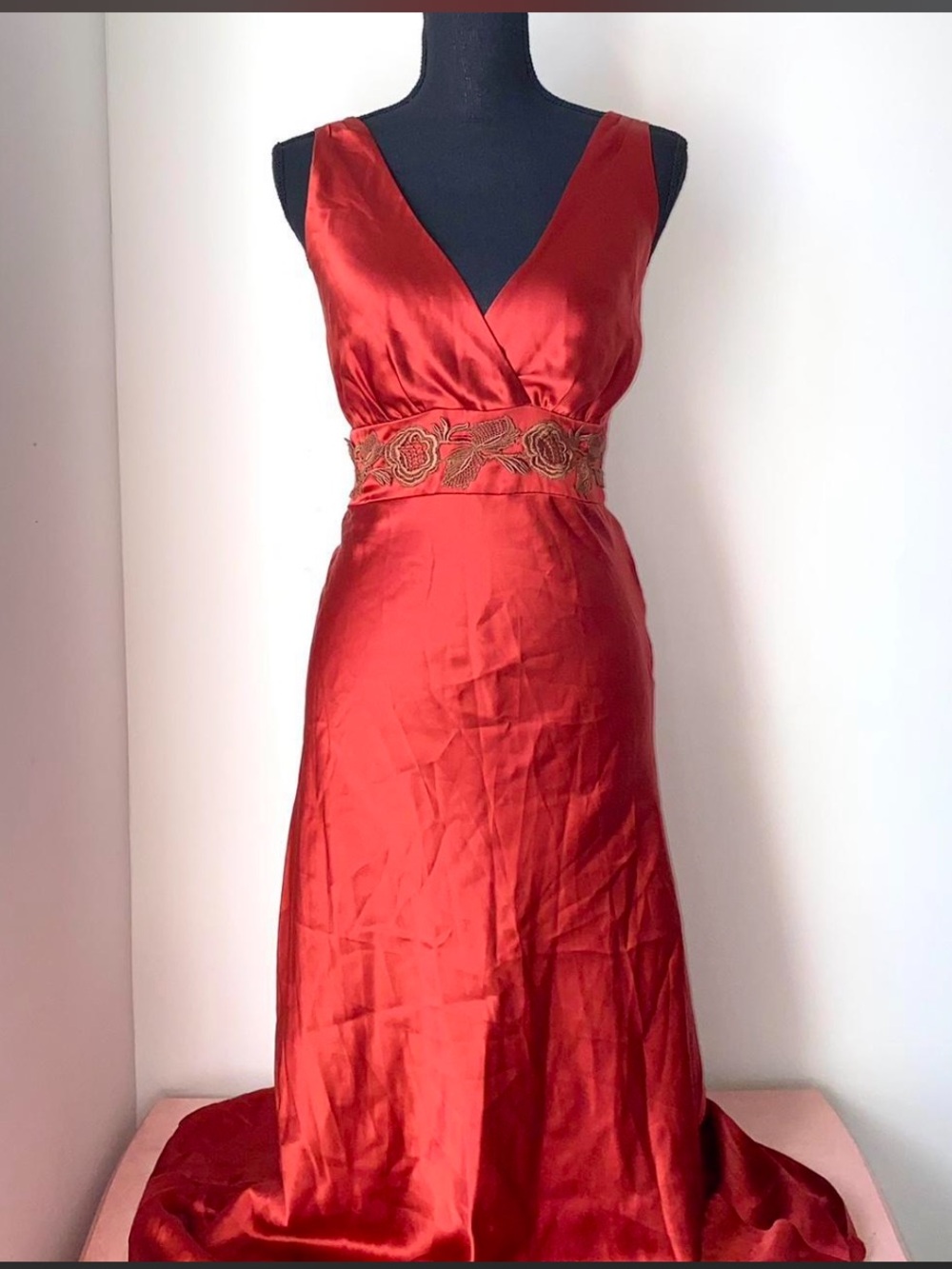 Newport News Red Satin V-Neck Maxi Dress with Embroidered Waist